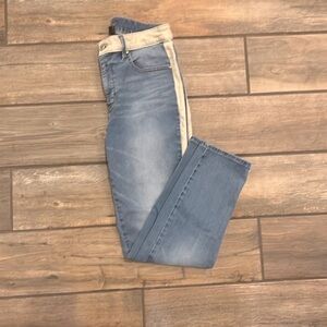 WHBM high waisted The Slim ankle light blue denim with cream side strip